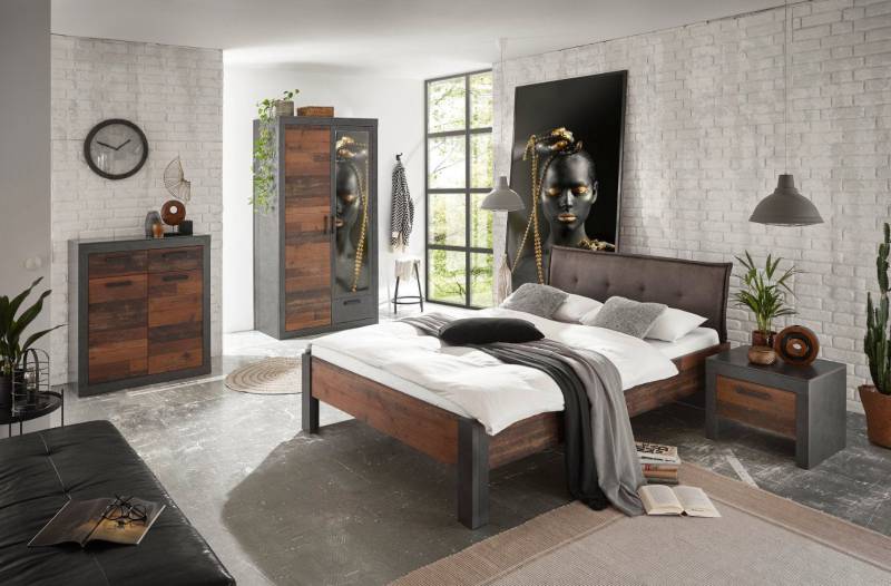 Schlafzimmer Set 4-teilig Bett 140x200 mit Polsterkopfteil used-look QUEENS Nr. 2 von Empinio24