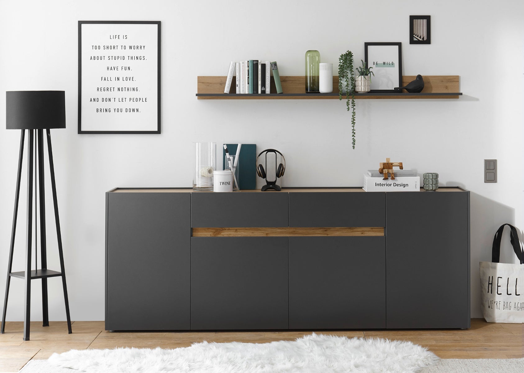 Sideboard 220x87 cm Eiche Anthrazit 4-türig + 2 Schubkästen BOSTON von EMPINIO24