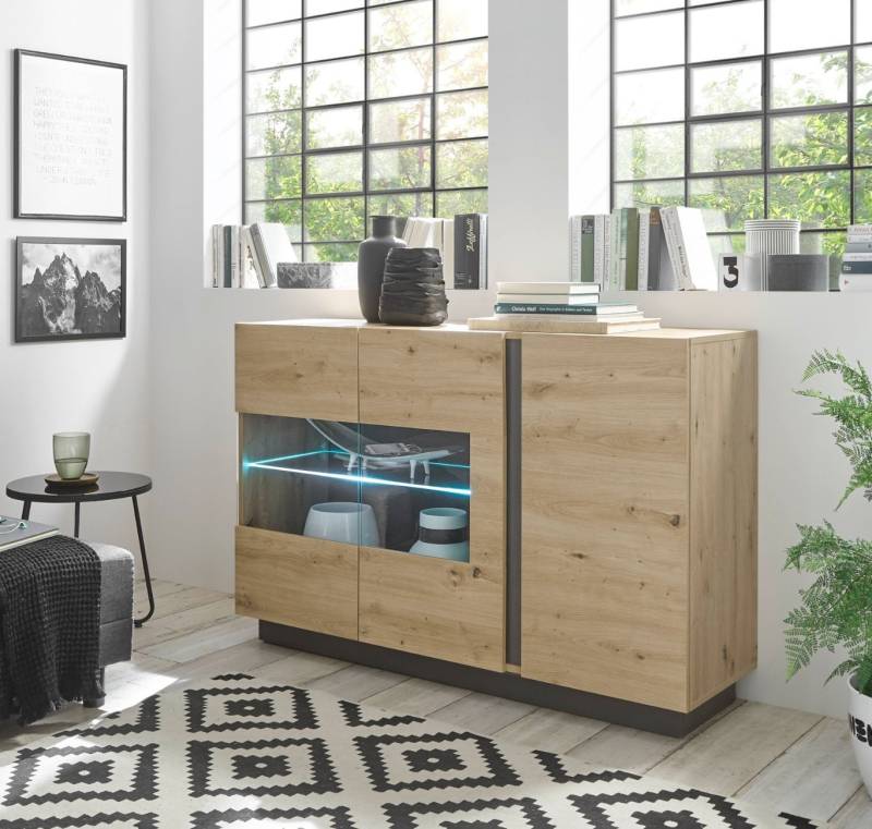 Sideboard 3-türig 138 cm mit Beleuchtung Eiche Graphit CORATO von Empinio24