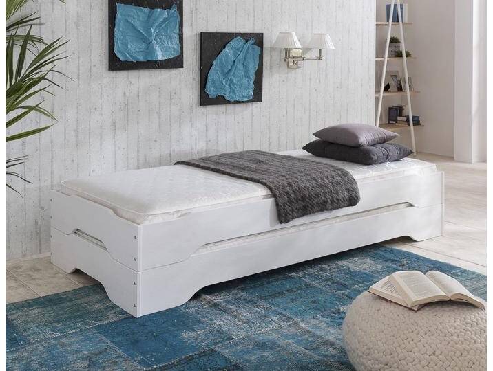Stapelbett mit Matratze 90x200 cm Kiefer massiv weiß Sylt von EMPINIO24