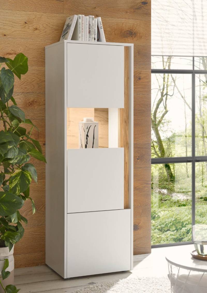 Vitrine weiss mit Eiche 2-türig 50x155 cm BOSTON + Beleuchtung von Empinio24