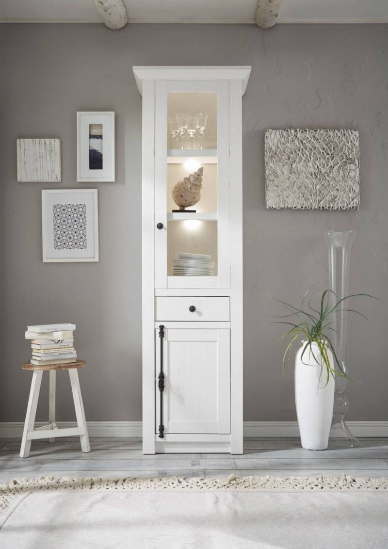 Vitrine 63x207 cm 2-türig + 1x Schubkasten weiß Pinie WALES + BELEUCHTUNG von Empinio24