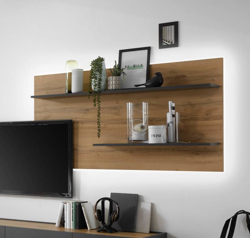 Wandpaneel 155x80 cm Eiche Anthrazit mit 2x Ablageböden BOSTON + Beleuchtung von Empinio24