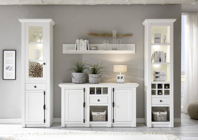 Wohnwand 293 cm 4-teilig weiß Pinie WALES Nr. 2 + BELEUCHTUNG von Empinio24