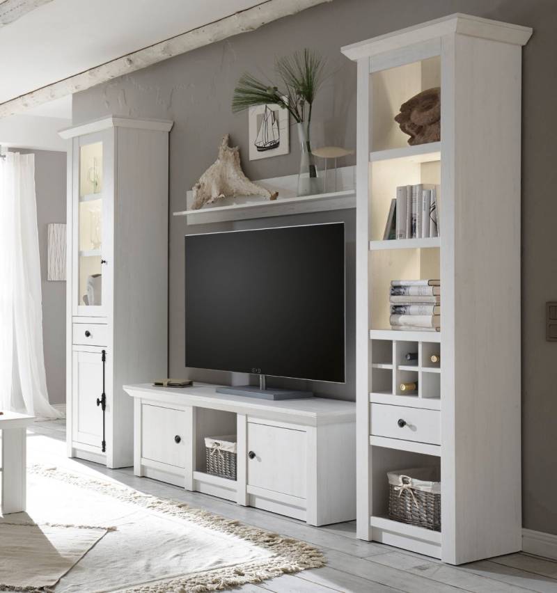 Wohnwand 293 cm 4-teilig weiß Pinie WALES Nr. 5 + BELEUCHTUNG von Empinio24