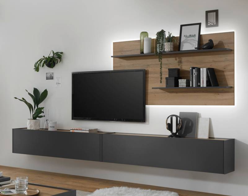 Wohnwand 300 cm Eiche Anthrazit 3-teilig Nr 11 BOSTON + Beleuchtung Wohnwand 300 cm Eiche Anthrazit 3-teilig Nr 11 BOSTON + Beleuchtung von Empinio24