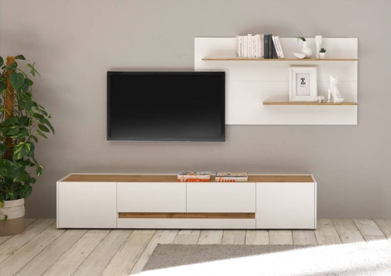 Wohnwand 300 cm Eiche Weiss 2-teilig Nr 15 BOSTON + Beleuchtung von Empinio24