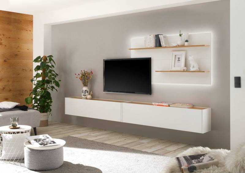 Wohnwand 300 cm Eiche Weiss 3-teilig Nr 11 BOSTON + Beleuchtung von Empinio24
