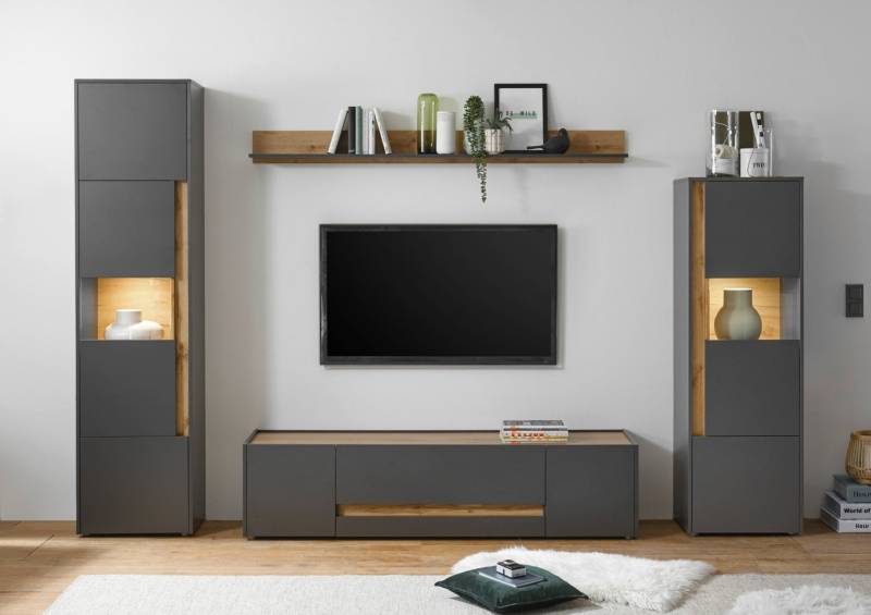 Wohnwand 310 cm Eiche Anthrazit 4-teilig Nr 19 BOSTON + Beleuchtung von Empinio24