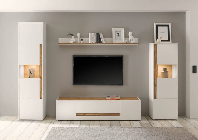 Wohnwand 310 cm Eiche Weiss 4-teilig Nr 19 BOSTON + Beleuchtung von Empinio24