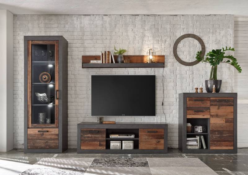 Wohnwand 330 cm 4-teilig used-look QUEENS + Beleuchtung Nr. 1 von Empinio24