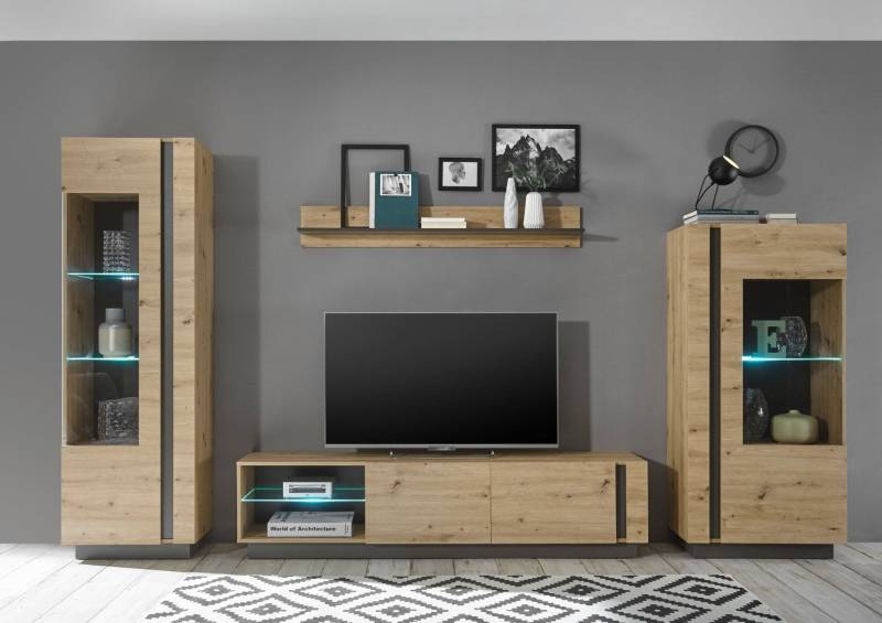 Wohnwand 340 cm 4-teilig mit Beleuchtung Eiche Graphit Nr. 2 CORATO von Empinio24