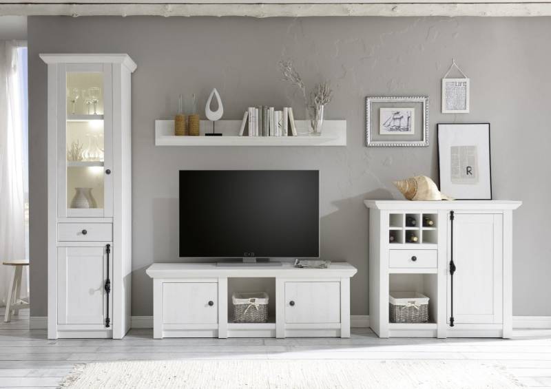 Wohnwand 340 cm 4-teilig weiß Pinie WALES Nr. 3 + BELEUCHTUNG von Empinio24