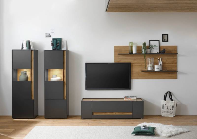Wohnwand 340 cm Eiche Anthrazit 4-teilig Nr 18 BOSTON + Beleuchtung Wohnwand 340 cm Eiche Anthrazit 4-teilig Nr 18 BOSTON + Beleuchtung von Empinio24