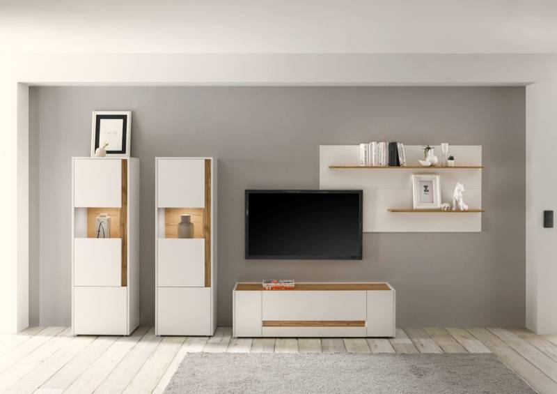 Wohnwand 340 cm Eiche Weiss 4-teilig Nr 18 BOSTON + Beleuchtung Wohnwand 340 cm Eiche Weiss 4-teilig Nr 18 BOSTON + Beleuchtung von Empinio24