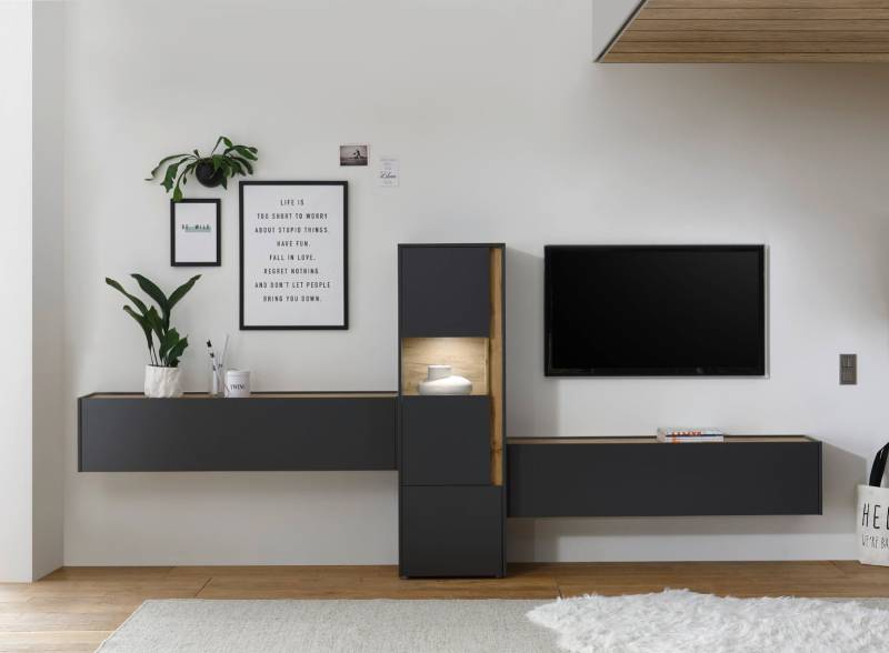 Wohnwand 350 cm Eiche Anthrazit 3-teilig Nr 14 BOSTON + Beleuchtung von Empinio24
