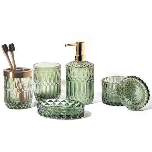 EMPO 6-teiliges Badezimmer-Zubehör-Set aus klarem Glas (Lotion-Seifenspender, Seifenschale, Zahnbürstenhalter, Becher, Wattestäbchen-Glas), Moderne Dekoration, Kristall-Vintage-Geschenk (Grün) von EMPO