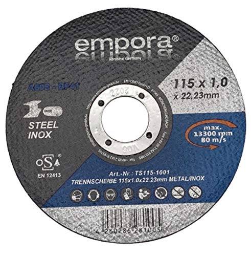 EMPORA Trennscheibe 115mm - Trennscheibe für Winkelschleifer - Flexscheibe - Schruppscheibe - INOX STAHL METALL Ø115 mm x 1,0 mm x 22,23 mm - max. 13300 RPM - 80 m/s - EN. 12413 von EMPORA