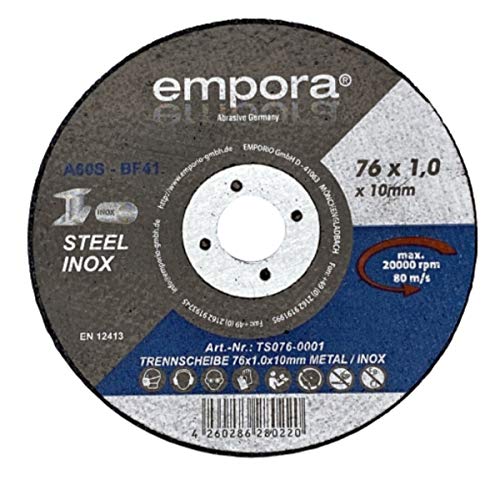 EMPORA Trennscheibe - Trennscheibe 76mm - Trennscheibe für Winkelschleifer - Inox Stahl Metall Blech - INOX STAHL METALL Ø76 mm x 1,0 mm x 10 mm - max. 20000 RPM - 80 m/s - EN. 12413 von EMPORA