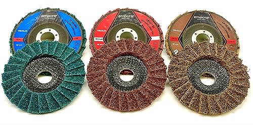 Empora Vlieslamellenscheibe - Vliesscheibe - Fächerscheibe - Polierscheibe - Grob-Mittel-Fein - Braun-Rot-Blau - Ø115mm-Ø125mm x 22,23-80 m/s (115 mm, Fein (blau), 1) von EMPORA