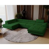 Ecksofa Sorlo u - Sofa 345 cm, Schlaffunktion, verstellbare Kopfstützen, Bettkasten - Eckcouch U-Form - Ottomane links freistehend- Samtstoff (Grün von EMPORIUS