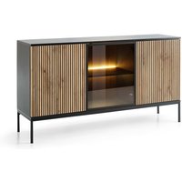 Sideboard 154 cm Haller - Holzbeinen, 3 Türen, Kommode mit Lamellen - LED-Beleuchtung - Loft Stil (Wotan Eiche / Schwarz) - Wotan Eiche / Schwarz von EMPORIUS