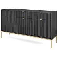 Sideboard 150 cm Galla - Dreitürige Kommode mit Schubladen - Beinen, geriffelten Fronten & goldene Griffe (Schwarz + Gold) - Schwarz + Gold von EMPORIUS