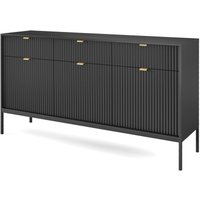Sideboard 150 cm Galla - Dreitürige Kommode mit Schubladen - Beinen, geriffelten Fronten & goldene Griffe (Schwarz + Schwarz) von EMPORIUS