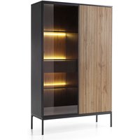 Vitrinenschrank 104 cm Haller - Vitrine mit Glastür & Schublade - Lamellen, LED-Beleuchtung - Loft Stil (Wotan Eiche / Schwarz) - Wotan Eiche / von EMPORIUS