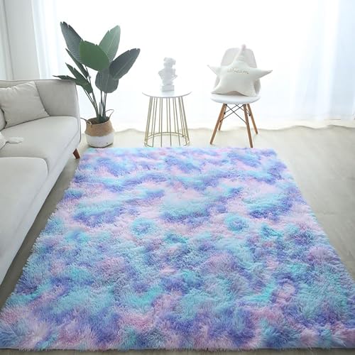 EMPVEX Luxuriöser Teppich für Schlafzimmer, flauschiger blau-violetter Batik-Teppich, Wohnzimmer, 3-lagiges Material, Teppich, Kinderzimmer, blau-violett, 140 x 200 cm von EMPVEX