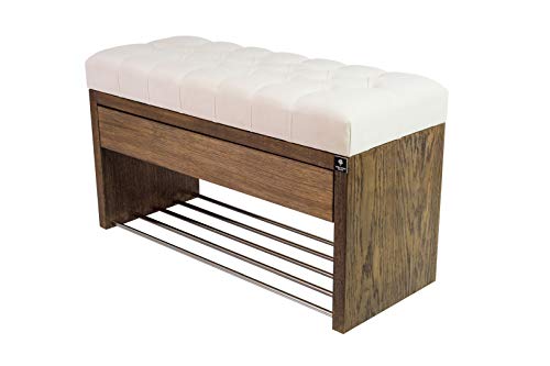 EMRA WOOD LPS-3 Sitzbank Bank Hocker mit Schublade Gesteppt Velour Weiß Holz Eiche Grau Neu OVP Handarbeit Nach Mass (60, Höhe 55cm Tiefe 40cm) von EMRA WOOD