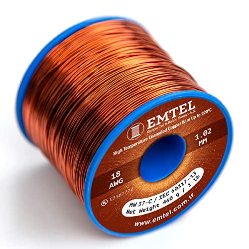 Emtel 1.02 mm (18 AWG) - 500 gr (1 LB) - 67 Meter Emaillierter Kupferdraht - Wärmeklasse 220°C (428°F) - Doppelt isolierter Wickeldraht für Elektromotoren, Transformatoren und Magnetspulen von EMTEL