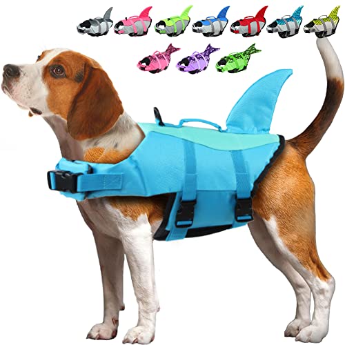 EMUST Hundeschwimmweste Hai, Hundeschwimmwesten für kleine, mittlere große Hunde mit Rettungsgriff Hund Schwimmweste Sicherheit Lebensretter für Schwimmbad Strand Bootfahren, (S,Pool Blue) von EMUST