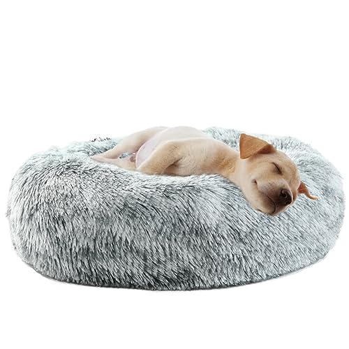 EMUST Katzenbett Hundebett Flauschig Rund und Waschbar Katzenkissen Donut Plüsch Katzenschlafplatz Kuscheliges Hundekissen für Kleine, Mittelgroße und Große Katzen Hunde, 60cm Batik-Hellgrau von EMUST