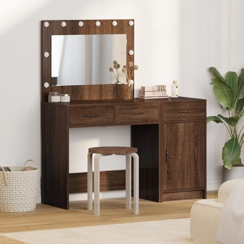 EMYRLXQW 2-teiliges Schminktisch-Set mit LED - Schwarze Eiche Holzwerkstoff von EMYRLXQW