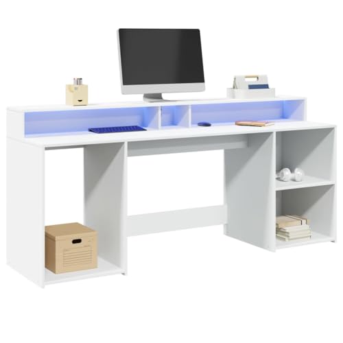 EMYRLXQW Büroschreibtisch-Schreibtisch mit LED-Lichtern, weiß, 200 x 55 x 91 cm, Holzwerkstoff von EMYRLXQW