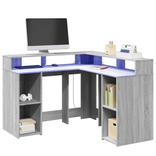 EMYRLXQW Büroschreibtisch-Schreibtisch mit LED-Lichtern Grau Sonoma 130x130x91cm Holzwerkstoff von EMYRLXQW