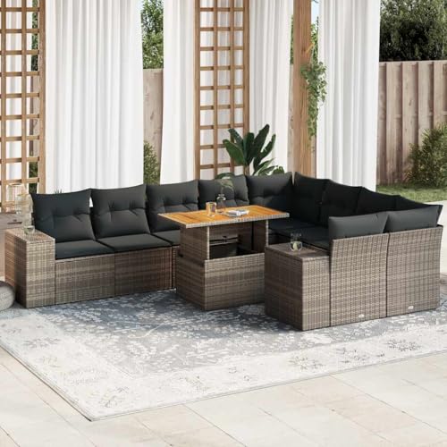 EMYRLXQW Möbel, Outdoor-Möbel, Gartenmöbel-Sets, 10-teiliges Gartensofa-Set mit Kissen, Poly-Rattan-Akazie, Grau von EMYRLXQW