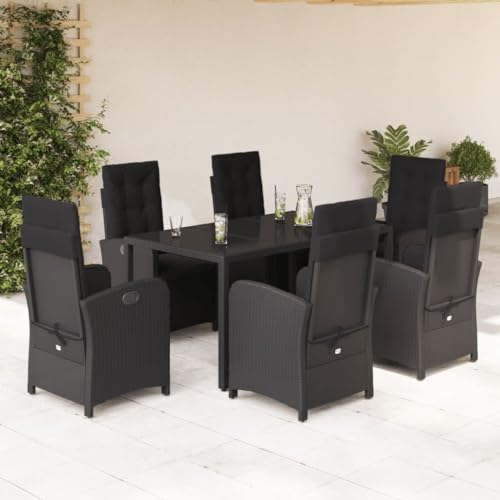 EMYRLXQW Möbel, Outdoor-Möbel, Gartenmöbel-Sets, 7-teiliges Garten-Ess-Set mit Kissen, schwarzes Poly-Rattan von EMYRLXQW