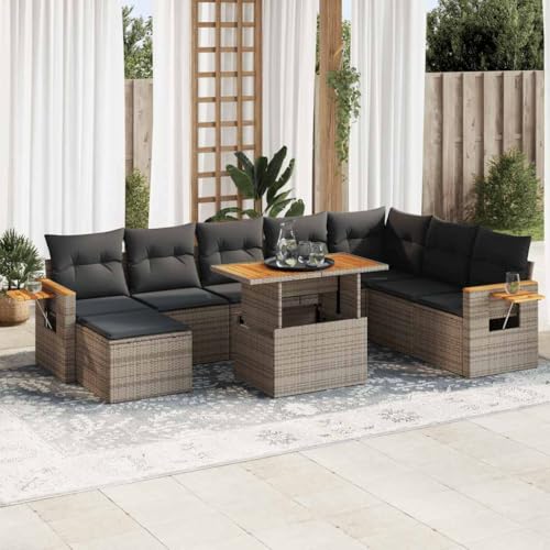 EMYRLXQW Möbel, Outdoor-Möbel, Gartenmöbel-Sets, 9-teiliges Gartensofa-Set mit Kissen, graues Polyrattan-Akazie von EMYRLXQW