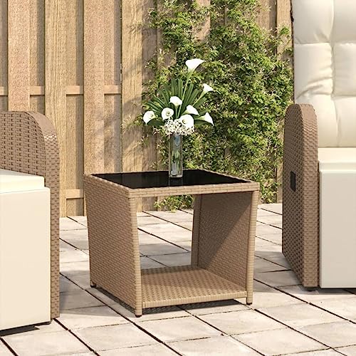 EMYRLXQW Möbel, Outdoor-Möbel, Outdoor-Tische, Teetisch mit Glasplatte, beigefarbenes Polyrattan und gehärtetes Glas von EMYRLXQW
