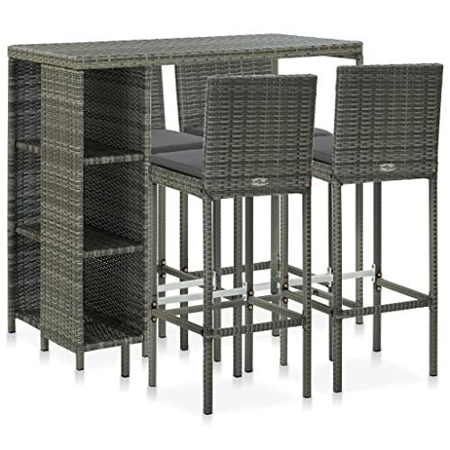 EMYRLXQW Outdoor-Möbel-Gartenmöbel-Sets, 5-teiliges Garten-Bar-Set mit Kissen, Polyrattan, Grau von EMYRLXQW