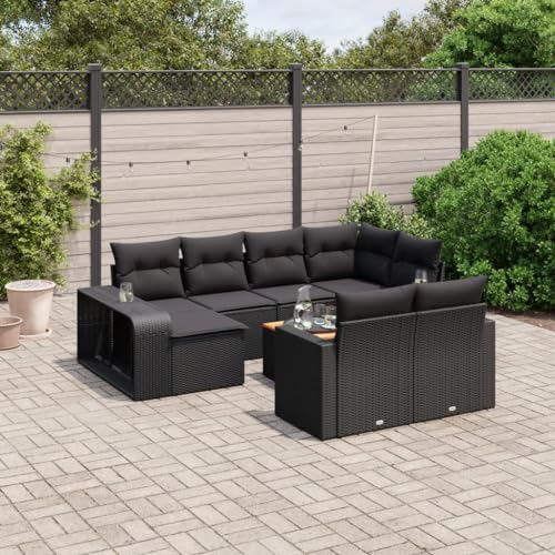 EMYRLXQW Outdoor Möbel Sets - 11-teiliges Gartensofa-Set mit Kissen schwarz Poly Rattan von EMYRLXQW