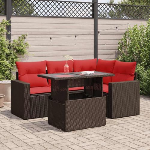 EMYRLXQW Outdoor Möbel Sets - 5-teiliges Gartensofa-Set mit Kissen braun Poly Rattan Akazie von EMYRLXQW