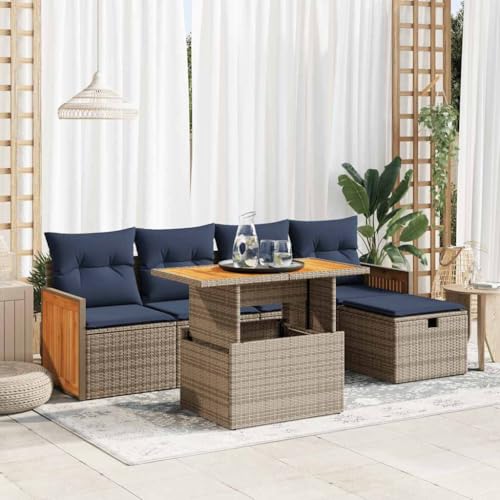 EMYRLXQW Outdoor Möbel Sets - 6-teiliges Gartensofa-Set mit Kissen grau Poly Rattan Akazie von EMYRLXQW