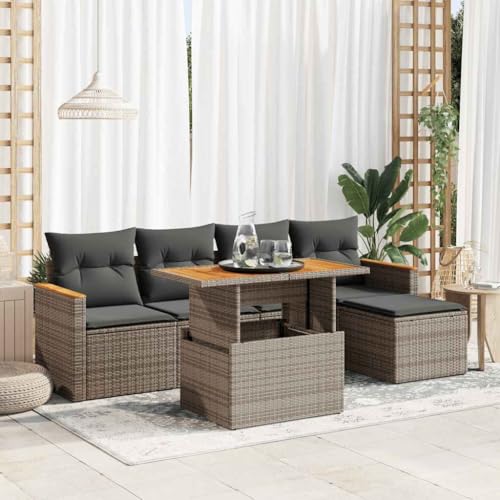 EMYRLXQW Outdoor Möbel Sets - 6-teiliges Gartensofa-Set mit Kissen grau Poly Rattan Akazie von EMYRLXQW