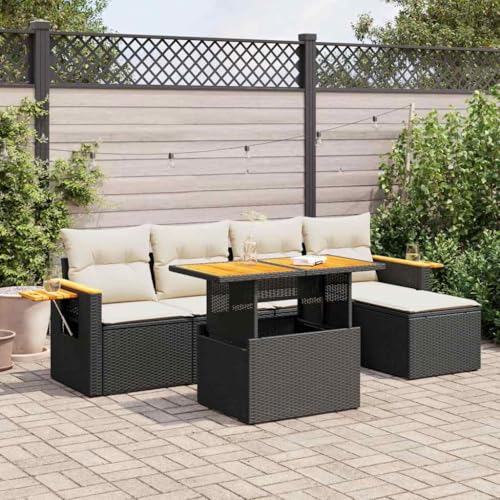 EMYRLXQW Outdoor Möbel Sets - 6-teiliges Gartensofa-Set mit Kissen schwarz Poly Rattan Akazie von EMYRLXQW