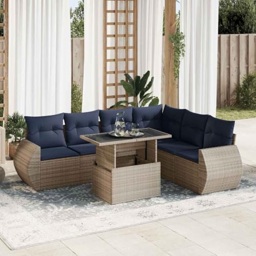 EMYRLXQW Outdoor Möbel Sets - 7-teiliges Gartensofa-Set mit Kissen grau Poly Rattan Akazie von EMYRLXQW