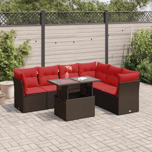 EMYRLXQW Outdoor Möbel Sets - 7-teiliges Gartensofa-Set mit Kissen grau Poly Rattan Akazie von EMYRLXQW