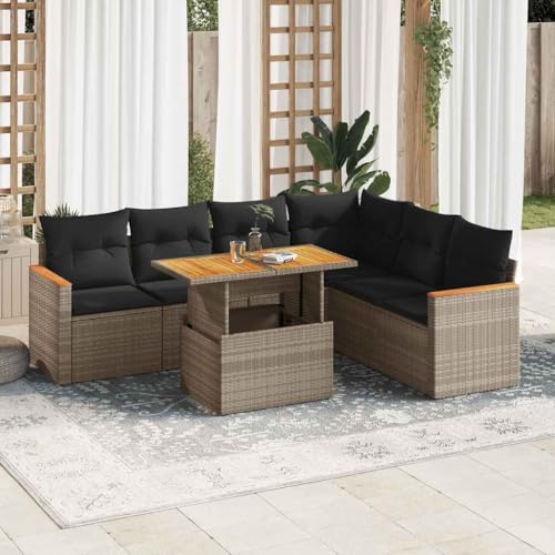 EMYRLXQW Outdoor Möbel Sets - 7-teiliges Gartensofa-Set mit Kissen grau Poly Rattan Akazie von EMYRLXQW